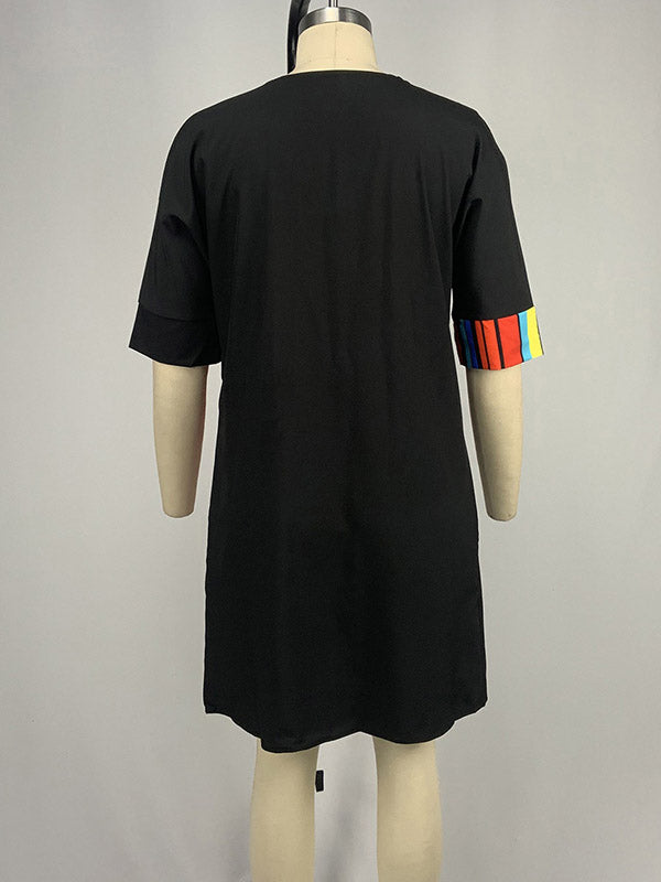 Asymmetric Contrast Color Striped A-line Half Sleeves Round-neck Mini Dresses