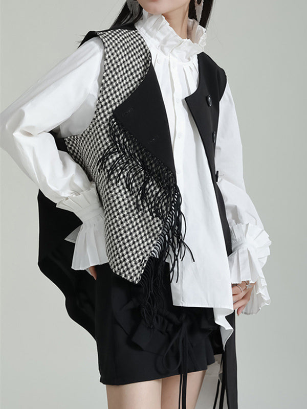 Asymmetric Buttoned Houndstooth Ruffle Sleeves Sleeveless Vest Outerwear