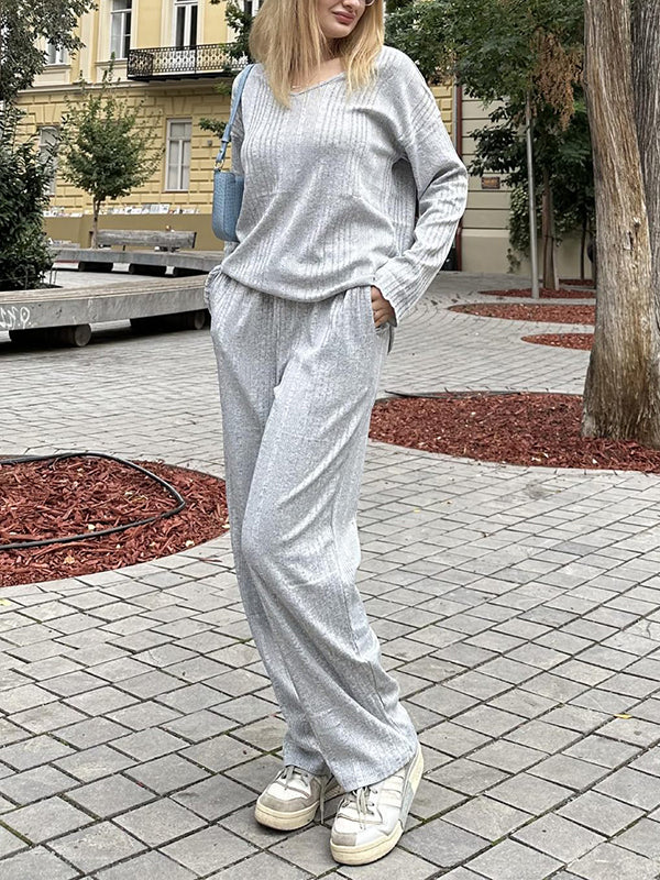 Solid Color Long Sleeves Loose V-Neck Shirt Top + Pants Bottom Pajama Sets