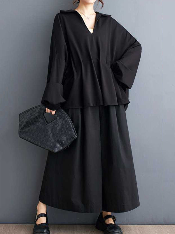 Pleated Solid Color Batwing Sleeves High-Low V-Neck Blouses&Shirts Tops