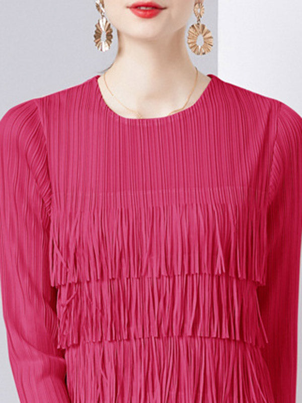 Pleated Solid Color Split-Joint Tasseled Long Sleeves Loose Round-Neck Midi Dresses