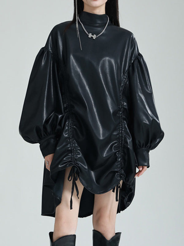 Drawstring Pleated Solid Color High-Low Long Sleeves Stand Collar Mini Dresses