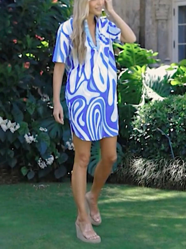 Contrast Color Pockets Loose Short Sleeves V-Neck Mini Dresses