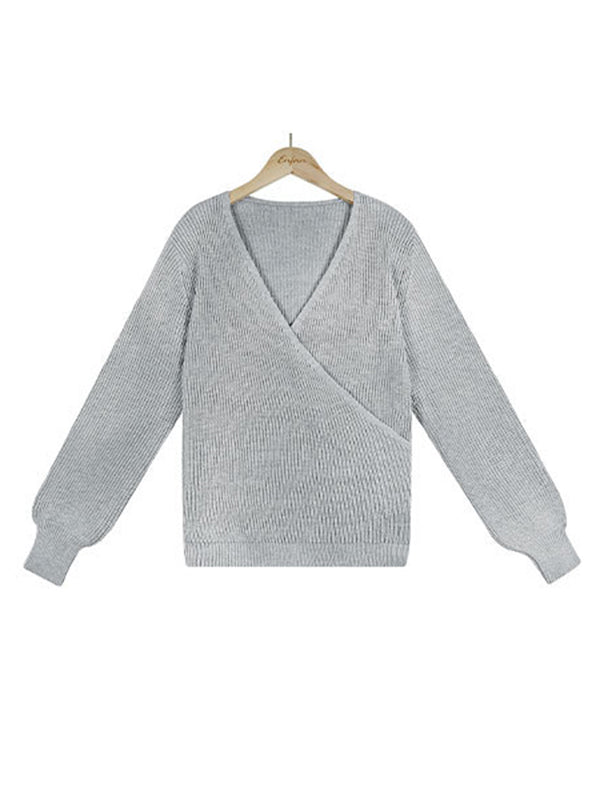 Casual Long Sleeves Solid Color V-Neck Sweater Tops