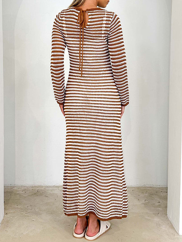 Contrast Color Striped Tied High Waisted Long Sleeves Round-Neck Sweater Dresses Midi Dresses
