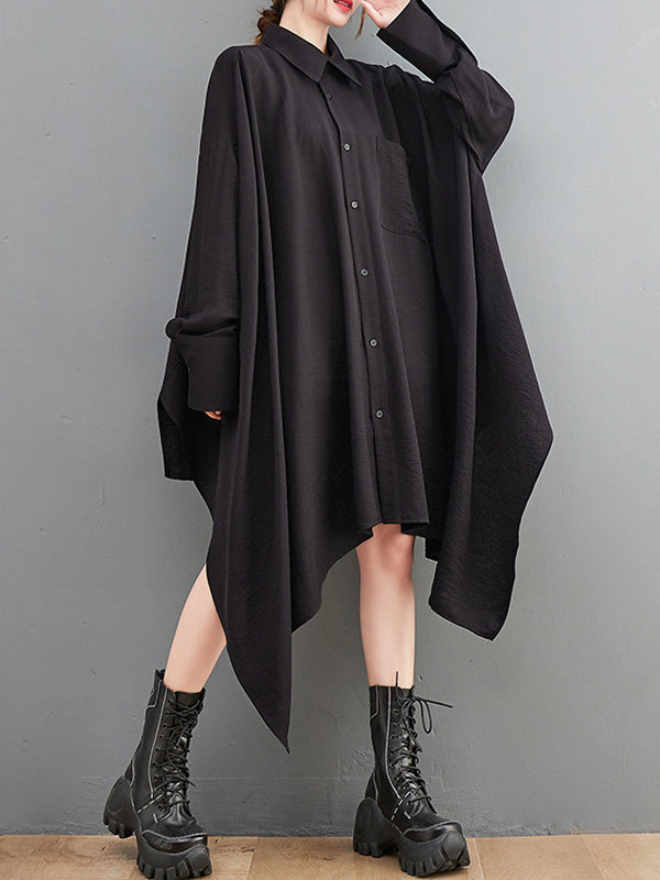 Asymmetric Buttoned Pockets Solid Color A-Line High-Low Lapel Shirt Dress Midi Dresses