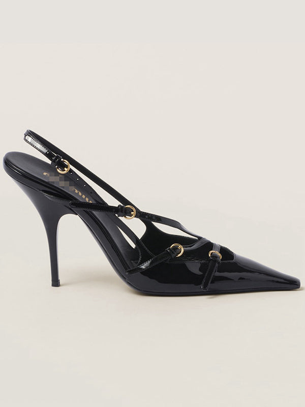 Belt Buckle Hollow Pointed-Toe Split-Joint Sling Shoes Pumps Sandals