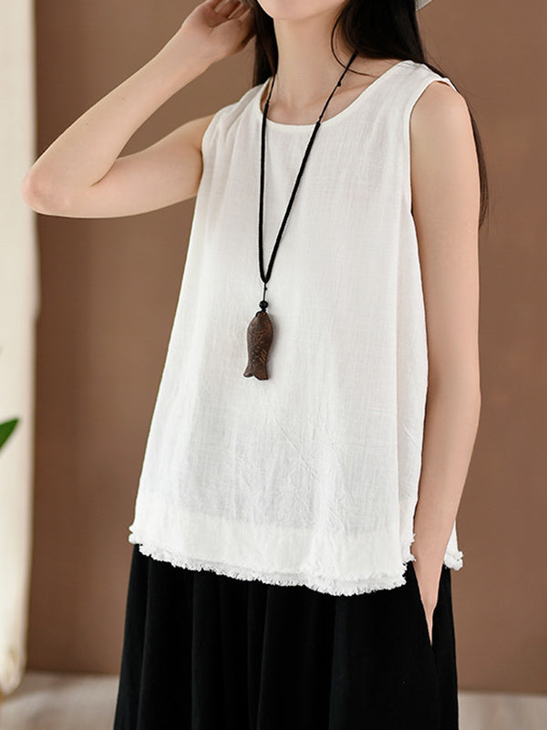 Fringed Solid Color Loose Sleeveless Round-Neck Vest Top