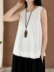 Fringed Solid Color Loose Sleeveless Round-Neck Vest Top