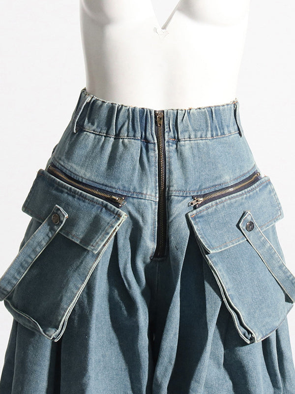 Pleated Pockets Split-Joint Zipper Loose Wide Leg Jean Pants Bottoms