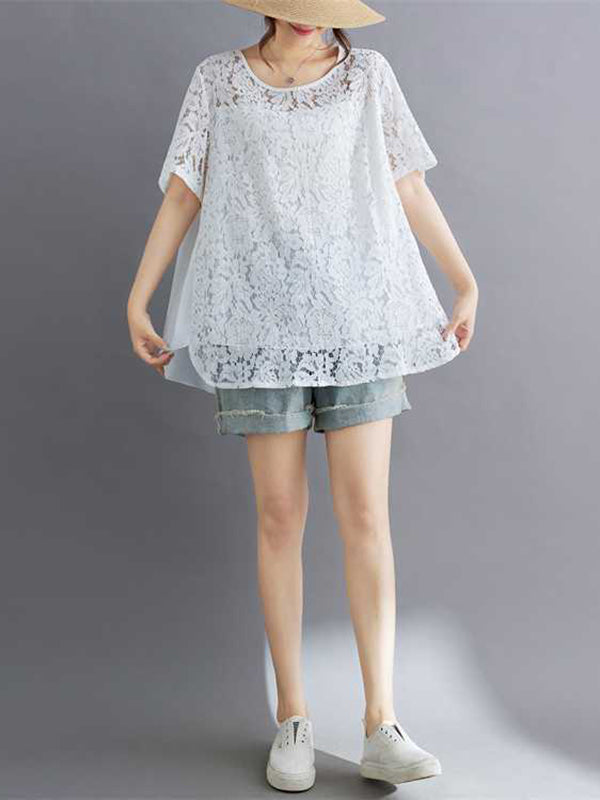 Hollow Solid Color Split-Back Split-Joint Loose Plus Size Round-Neck T-Shirts Tops