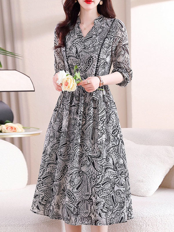 Elasticity Flower Print Tied Waist Long Sleeves Loose V-neck Midi Dresses