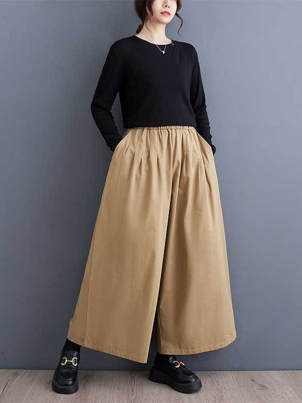 Elasticity Embroidered Pleated Loose Wide Leg Trousers Ninth Pants