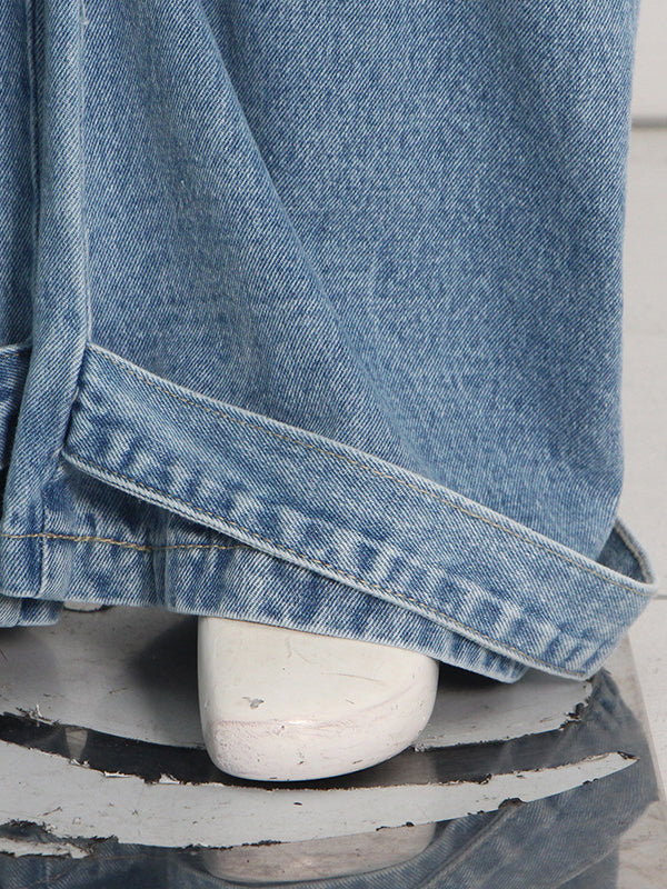Pleated Pockets Split-Joint Streamer Loose Jean Pants Bottoms