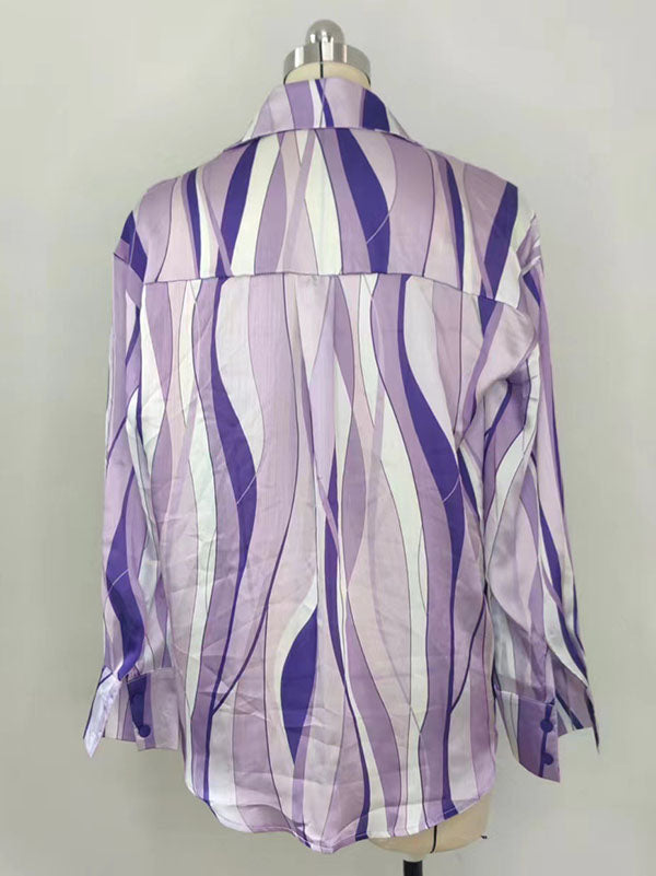 Contrast Color Striped Long Sleeves Loose Lapel Blouses