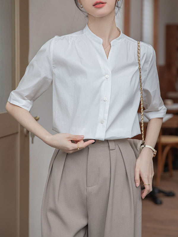 Buttoned Pleated Solid Color Split-Joint Half Sleeves Loose Stand Collar Blouses&Shirts Tops