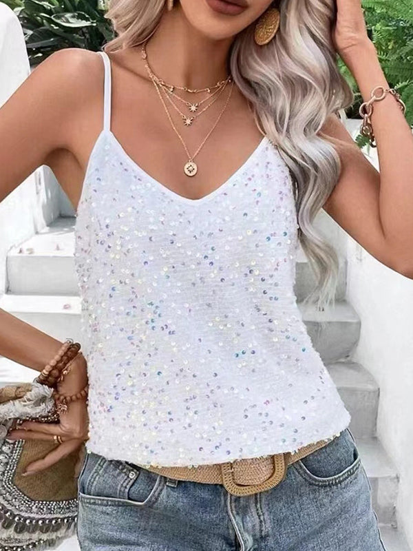 Sequined Loose Sleeveless Deep V-Neck Vest Top