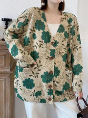 Buttoned Knitted Flower Pockets Long Sleeves Loose V-Neck Cardigan Tops