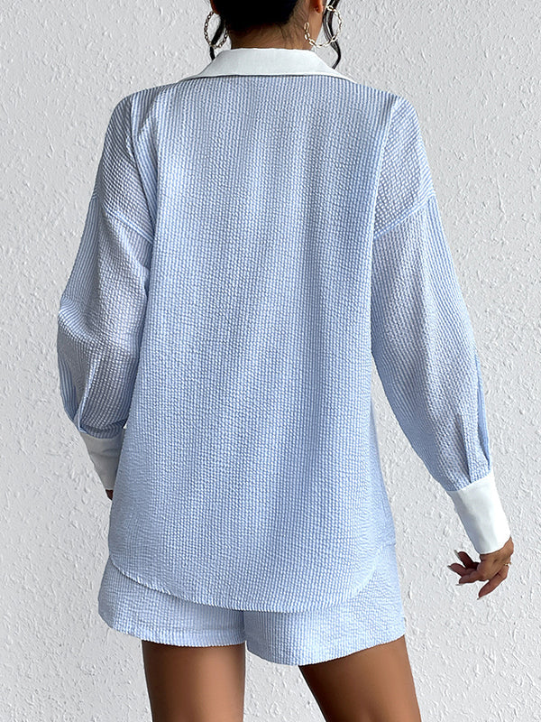 Striped Lapel Long Sleeves Loose Buttoned Split-Joint Blouses Top + Elasticity Shorts Bottom Two Pieces Set