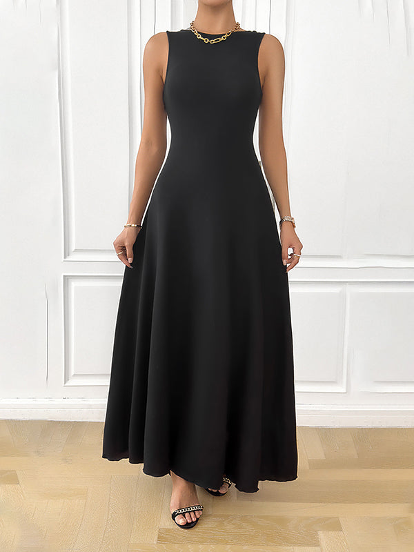 Backless Solid Color Tied A-Line Loose Round-Neck Maxi Dresses