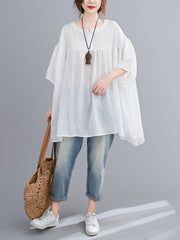 Pleated See-Through Solid Color Half Sleeves Loose Round-neck Blouses&shirts Tops