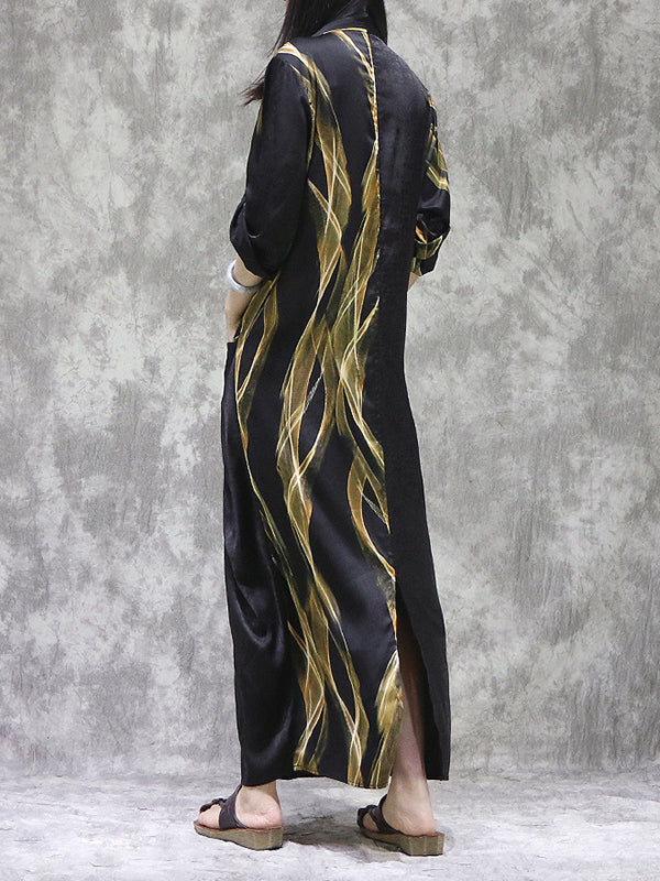 Pockets Printed Split-back Long Sleeves Loose V-neck Maxi Dresses