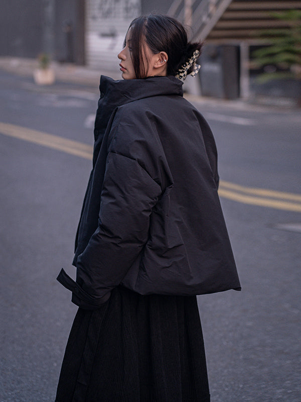 Urban Long Sleeves Buttoned Asymmetric Solid Color Stand Collar Padded Coat