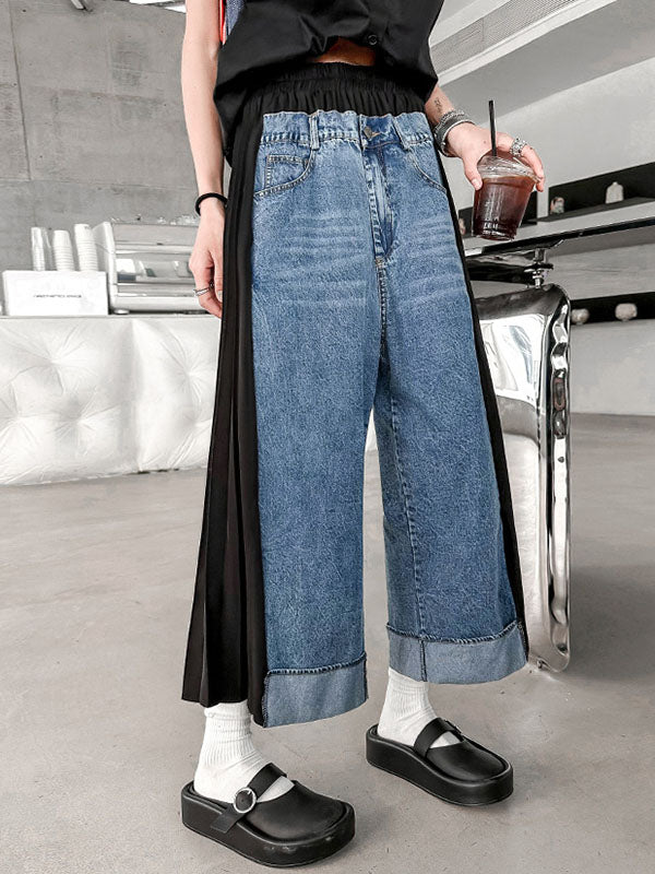 Contrast Color Pleated Split-Joint Loose Ninth Pants Wide Leg Jean Pants Bottoms
