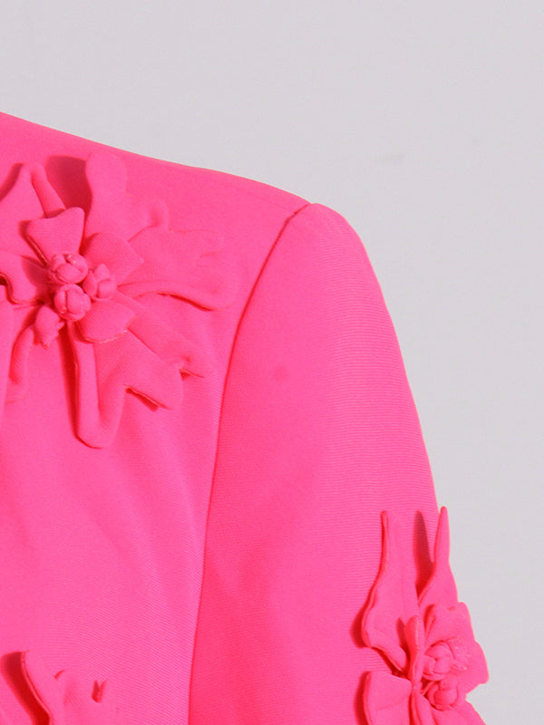 Flower-Embellished Solid Color Long Sleeves Lapel Outerwear Blazer