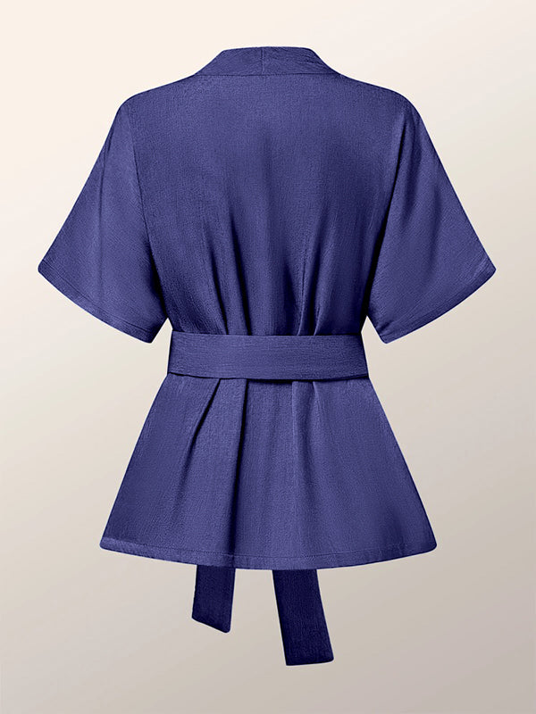 Solid Color Tied Waist Loose Short Sleeves V-Neck Blouses&Shirts Tops