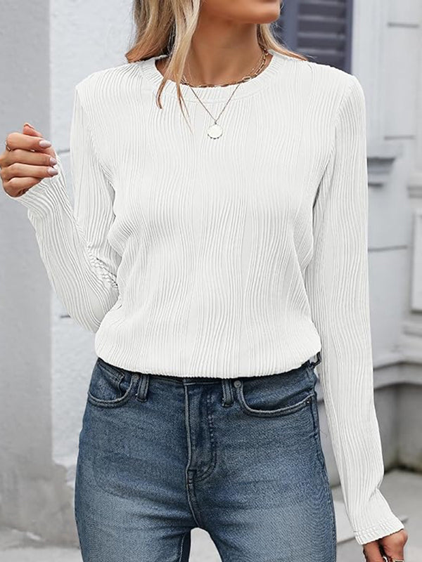 Solid Color Long Sleeves Loose Round-Neck T-Shirts Tops