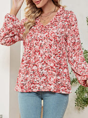 Flower Print Ruffled Long Sleeves Loose V-neck Blouses&shirts Tops