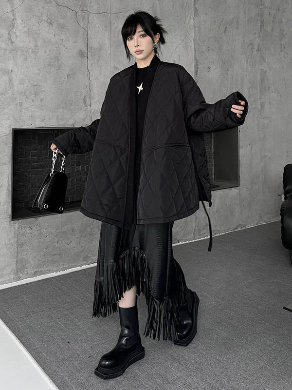 Plaid Quilted Solid Color Split-Joint Tied Long Sleeves Loose Collarless Padded Coat Outerwear
