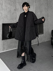 Plaid Quilted Solid Color Split-Joint Tied Long Sleeves Loose Collarless Padded Coat Outerwear