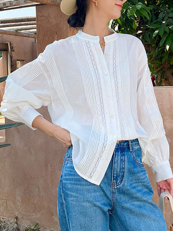 Buttoned Pleated Solid Color Split-Joint Long Sleeves Loose Stand Collar Blouses&Shirts Tops