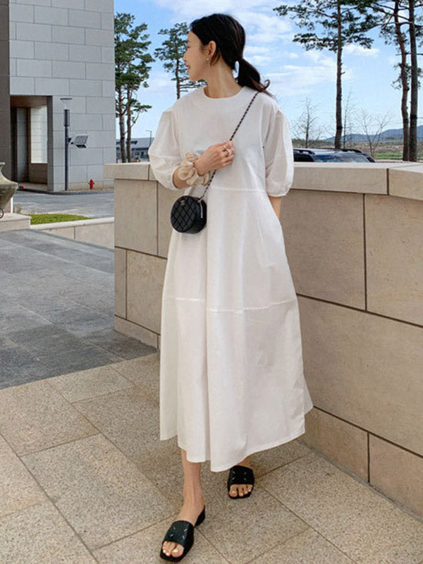 Casual Round-Neck Bishop Sleeve Loose Solid Color Midi Dress