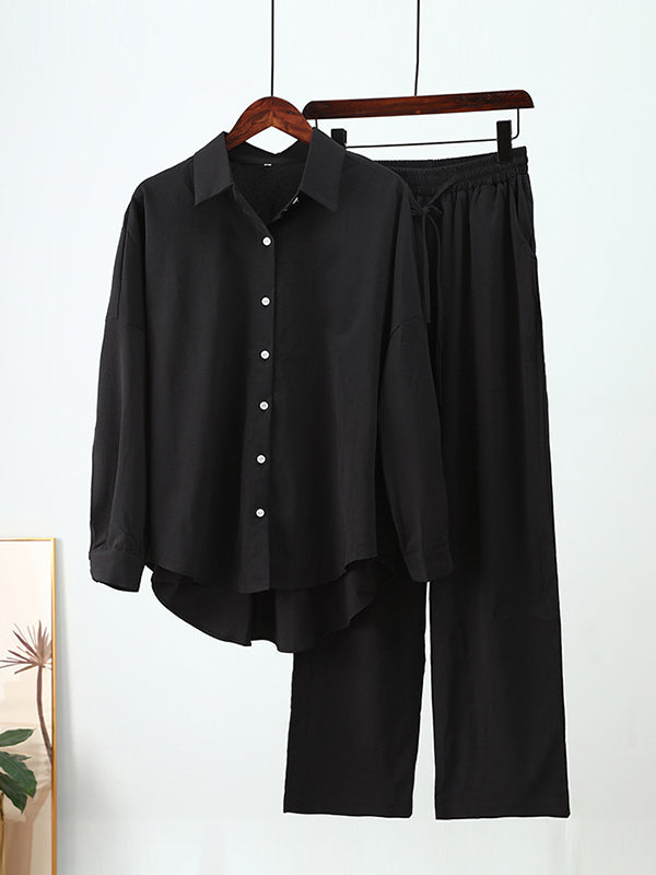 Solid Color Split-Joint High-Low Long Sleeves Buttoned Lapel Blouses + Drawstring Pants Two Pieces Set