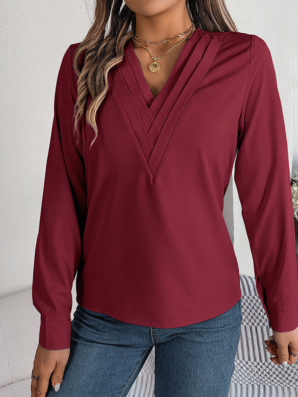 Pleated Solid Color Split-Joint Long Sleeves Loose V-Neck T-Shirts Tops