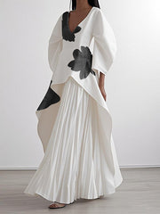 Flower Print Pleated A-line Loose V-neck Maxi Dresses
