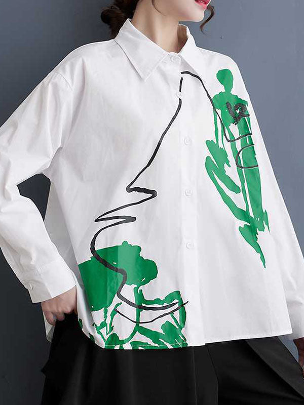 Buttoned Printed High-Low Long Sleeves Lapel Blouses&Shirts Tops