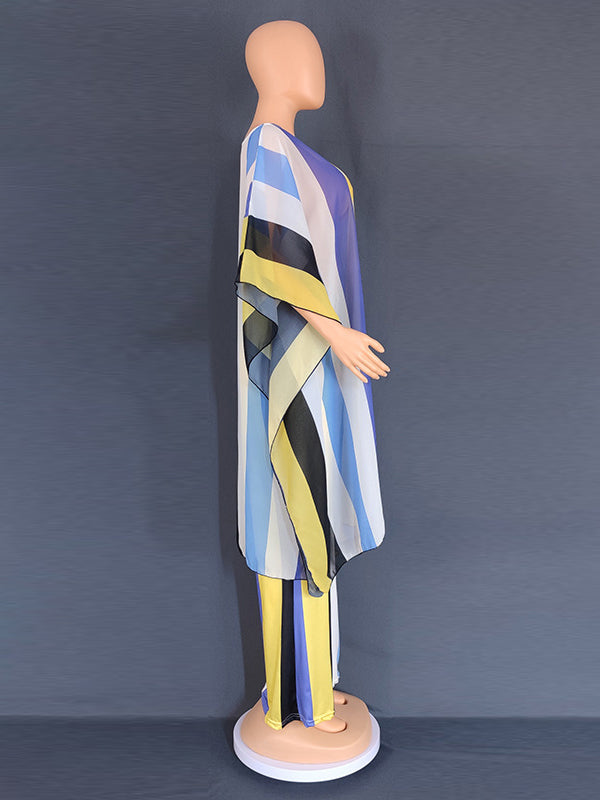 Contrast Color See-Through Split-Side Striped Batwing Sleeves Loose Two Pieces Set Pants Set