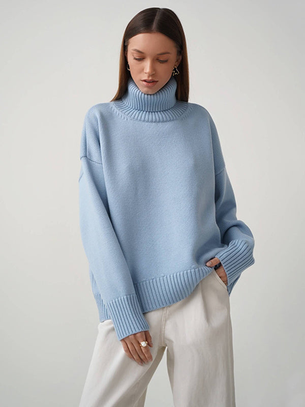 Casual Long Sleeves Loose Solid Color High-Neck Sweater Tops