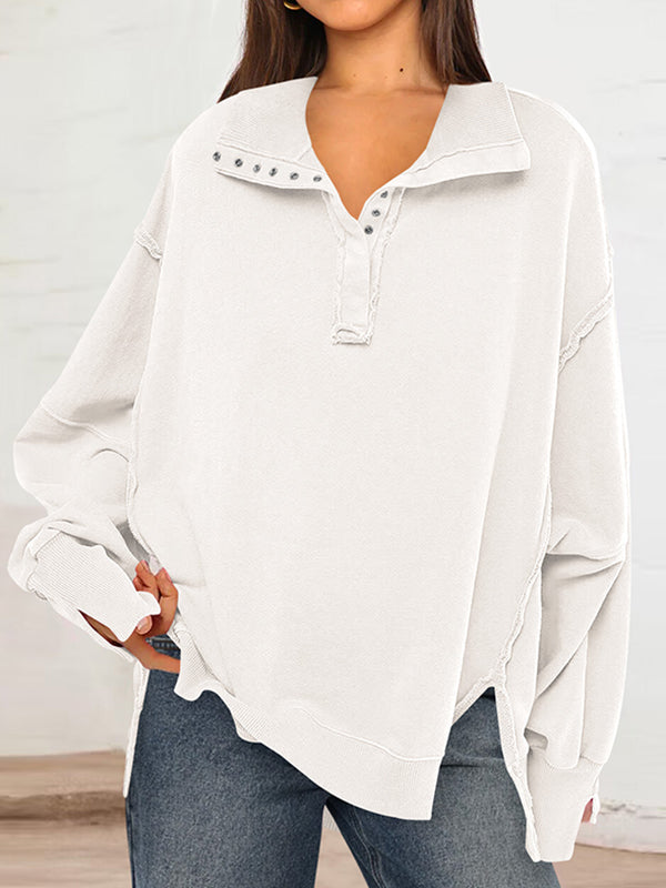 Buttoned Solid Color Split-Front Long Sleeves Loose Lapel Sweatshirt Tops
