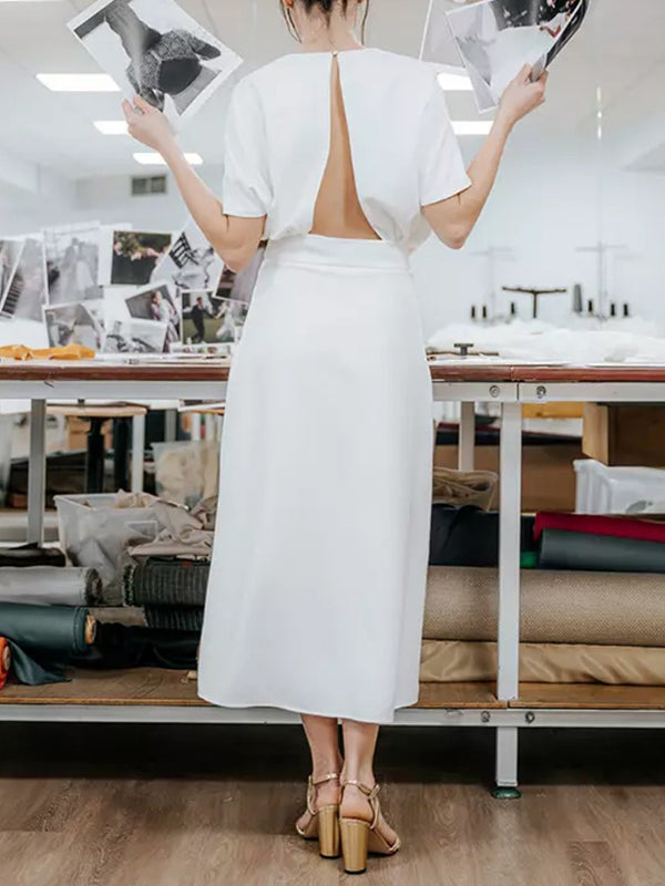 Backless Solid Color Split-Side Batwing Sleeves Loose Deep V-Neck Midi Dresses