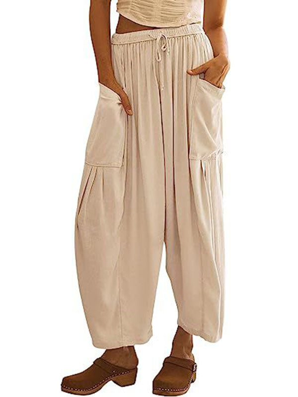 Drawstring Elasticity Pleated Pockets Solid Color High Waisted Loose Trousers Ninth Pants