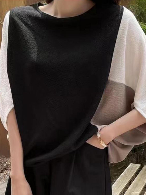 Contrast Color Split-Joint Batwing Sleeves Loose Round-Neck T-Shirts Tops