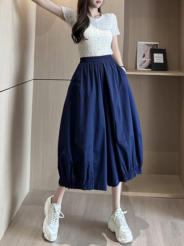 Elasticity Solid Color Split-Joint High Waisted Loose Trousers Pants Ninth Pants Knickerbockers