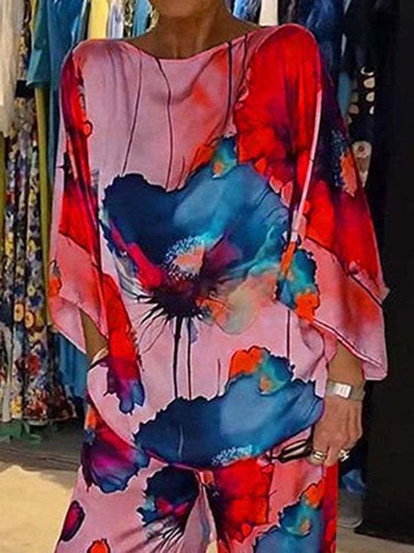 Printed Split-Joint Batwing Sleeves Loose Round-neck Blouses&shirts Tops