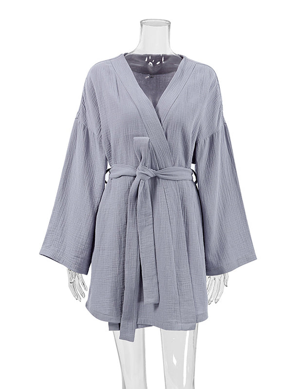Ribbed Solid Color Long Sleeves Loose V-Neck Robes Pajamas