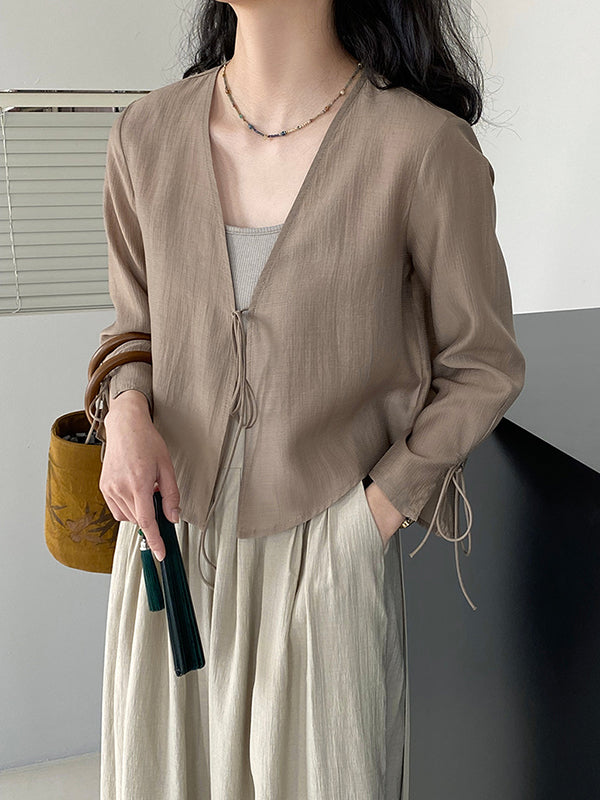Long Sleeves Lace-Up See-Through Solid Color Blouses&Shirts Tops